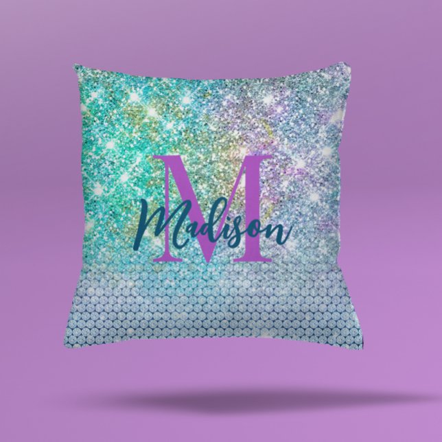 Cute Turquoise unicorn faux glitter monogram Kussen (Creator heeft geüpload)