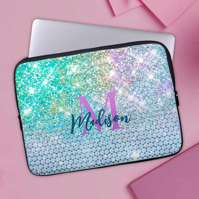 Cute Turquoise unicorn faux glitter monogram Laptop Sleeve (Creator heeft geüpload)