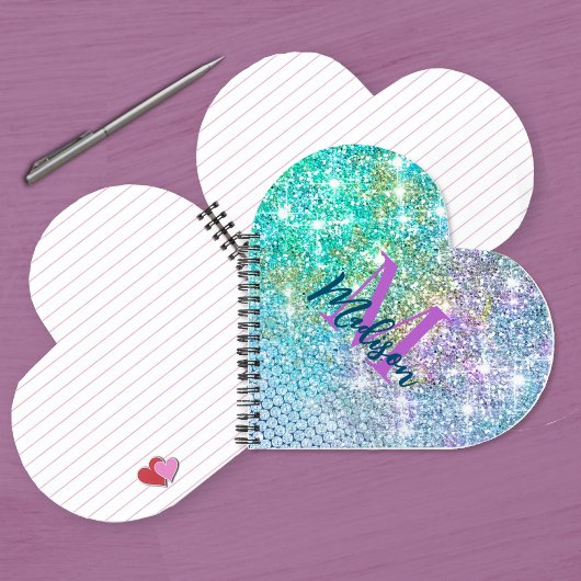 Cute Turquoise unicorn faux glitter monogram noteb Notitieboek