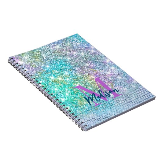Cute Turquoise unicorn faux glitter monogram Notitieboek (Rechterzijde)