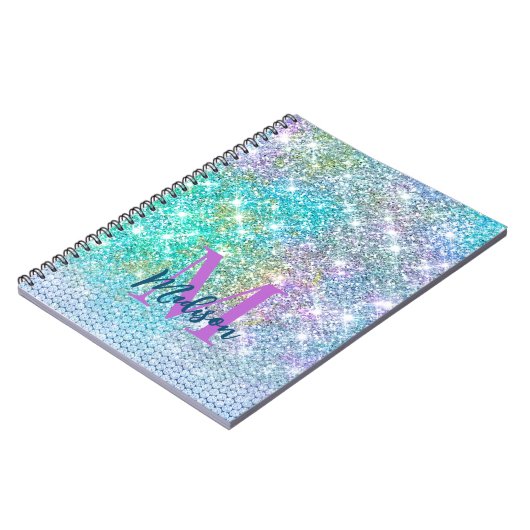 Cute Turquoise unicorn faux glitter monogram Notitieboek (Linkerzijde)