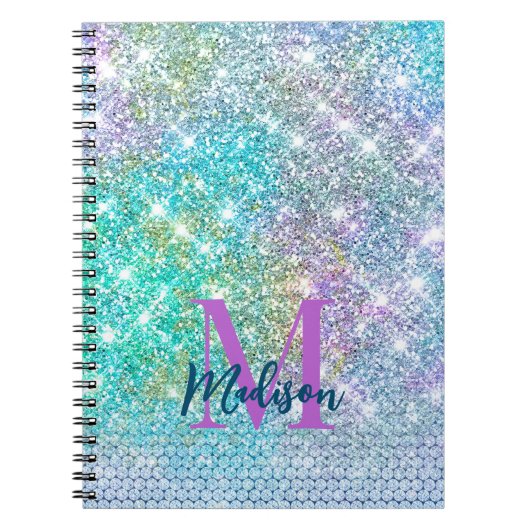 Cute Turquoise unicorn faux glitter monogram Notitieboek (Voorkant)