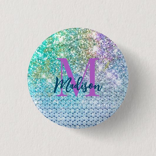 Cute Turquoise unicorn faux glitter monogram Ronde Button 3,2 Cm (Voorkant)