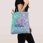 Cute Turquoise unicorn faux glitter monogram Tote Bag (Dichtbij)