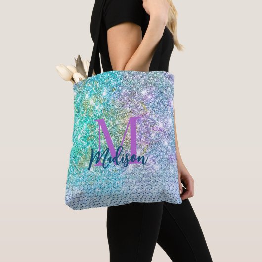 Cute Turquoise unicorn faux glitter monogram Tote Bag (Dichtbij)