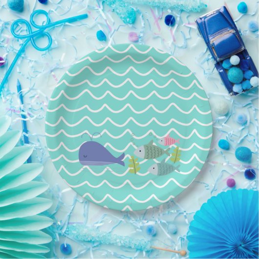Cute Turquoise Whale & Fishy Paper Plates Papieren Bordje (Feest)
