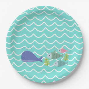 Cute Turquoise Whale & Fishy Paper Plates Papieren Bordje