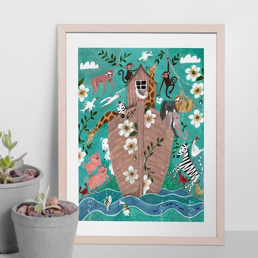 Cute turquoiseblauwe kinder ark van Noach kinderen Poster