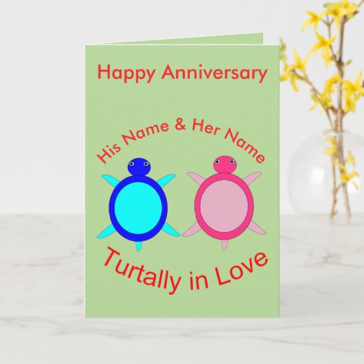 Cute Turtle Couple Personalized Jubileum Kaart (Gele Bloem)