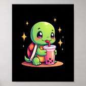 Cute turtle drinking boba. Funny Boba Turtles Love Poster (Voorkant)