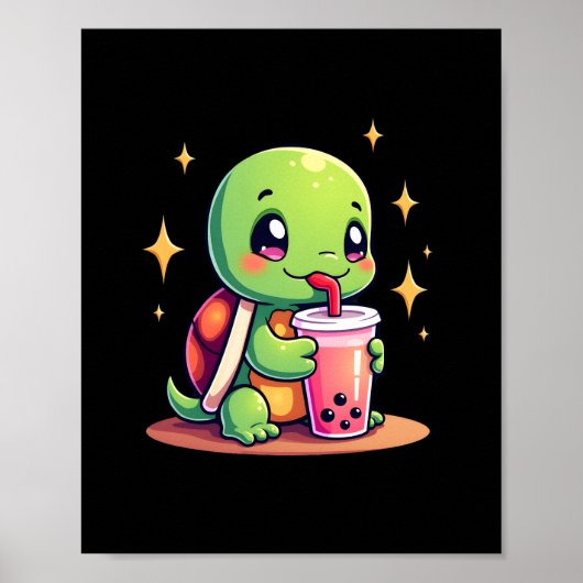 Cute turtle drinking boba. Funny Boba Turtles Love Poster (Voorkant)