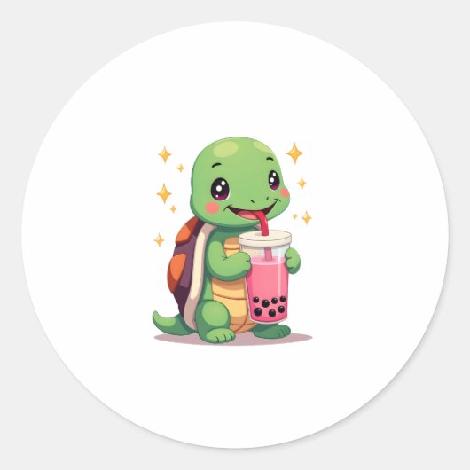 Cute turtle drinking boba. Funny Boba Turtles Love Ronde Sticker (Voorkant)