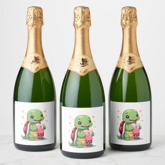 Cute turtle drinking boba. Funny Boba Turtles Love Sparkling Wijnetiket (Flessen)