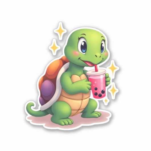Cute turtle drinking boba. Funny Boba Turtles Love Sticker (Voorkant)