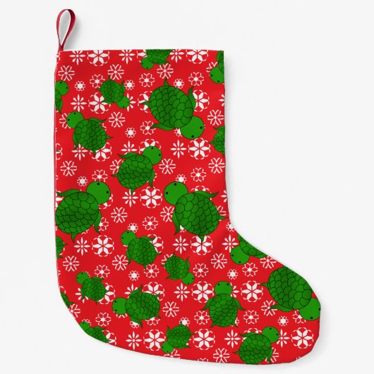 Cute turtle kerstmis rode witte sneeuwvlokken kleine kerstsok (Voorkant)
