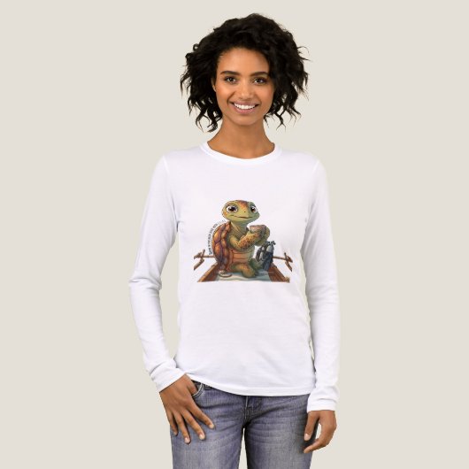 Cute Turtle Koffie Drinkend Wit T-Shirt Met Lange (Voorkant)