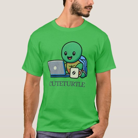 Cute Turtle Laptop Cartoon T-Shirt (Voorkant)