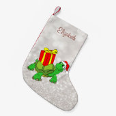 Cute Turtle met Santa Hat Cadeau, Glittery Bokeh Kleine Kerstsok (Voorkant (Hangend))