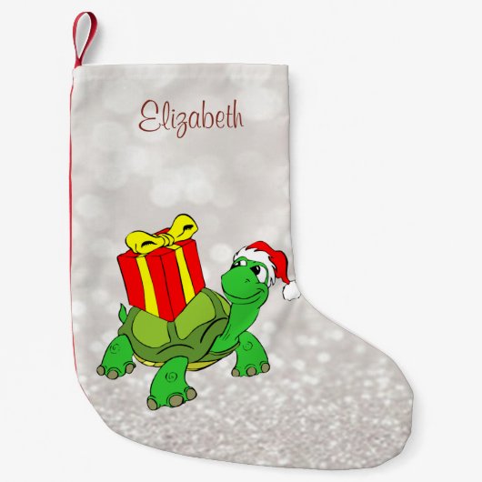 Cute Turtle met Santa Hat Cadeau, Glittery Bokeh Kleine Kerstsok (Voorkant)