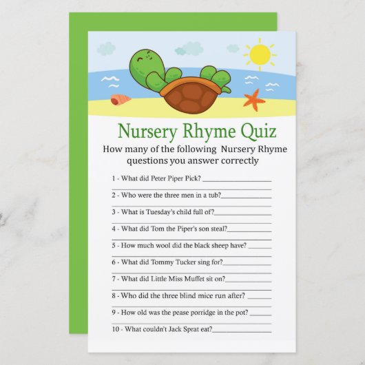 Cute Turtle Nursery Rhyme Quiz baby shower game (Voorkant / Achterkant)