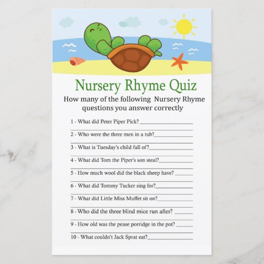 Cute Turtle Nursery Rhyme Quiz baby shower game (Voorkant)