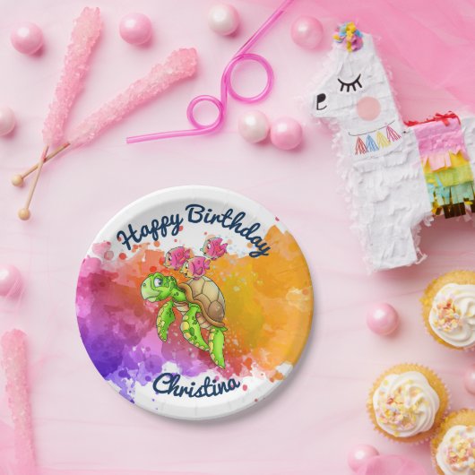 Cute Turtle Party Borden Paars Papieren Bordje (Feest)