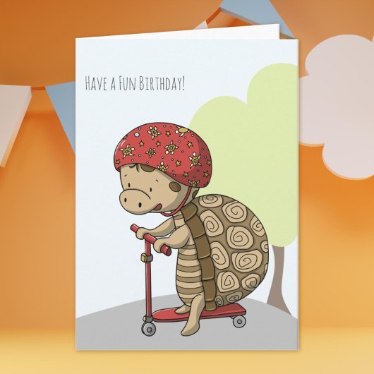 Cute Turtle Riding a Scooter Kids Birthday Card Kaart