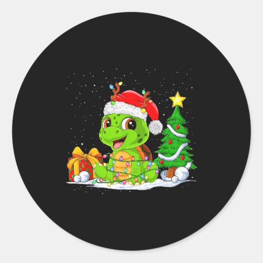 Cute Turtle Santa Christmas Tree Lights Xmas Pajam Ronde Sticker (Voorkant)