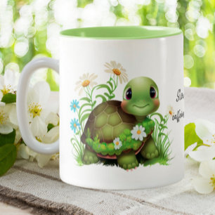 Cute Turtle Slow & Steady Funny Quote, gepersonali Tweekleurige Koffiemok