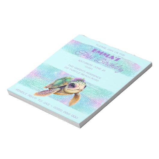 Cute Turtle Summer Beach Aqua 1e verjaardag Notitieblok (Linkerzijde)