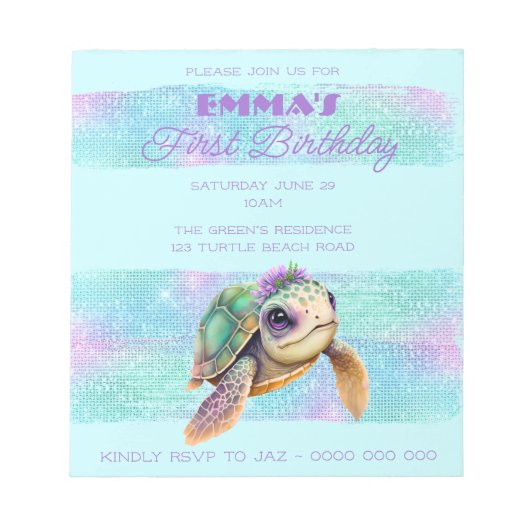 Cute Turtle Summer Beach Aqua 1e verjaardag Notitieblok (Voorkant)