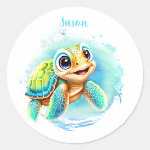 Cute Turtle Summer Name Boy Ronde Sticker