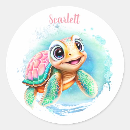 Cute Turtle Summer Name Girl Ronde Sticker (Voorkant)