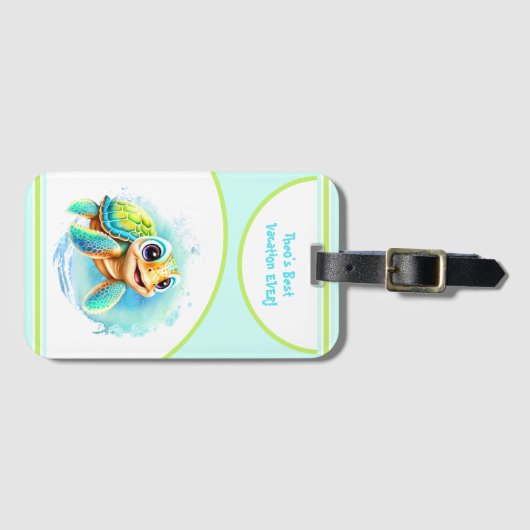 Cute Turtle Summer Vacation Personalized Boy Bagagelabel (Voorkant (horizontaal))
