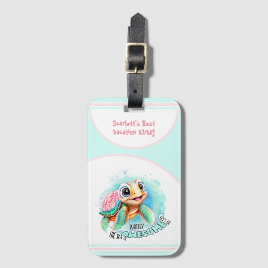 Cute Turtle Summer Vacation Personalized Girl Bagagelabel (Voorkant (verticaal))