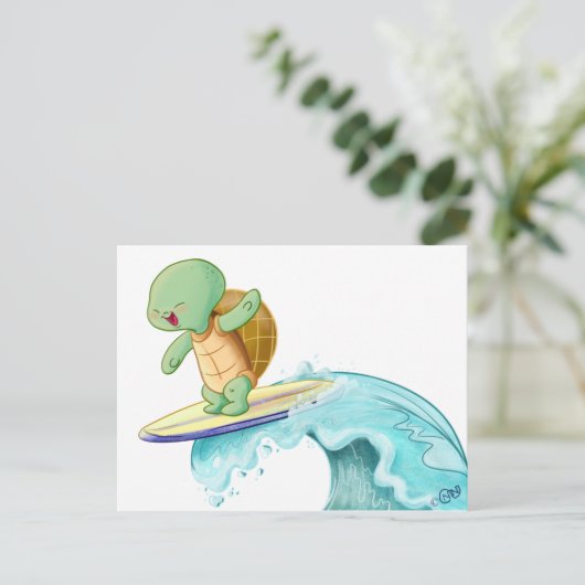 Cute Turtle Surfing Kawaii Briefkaart (Staand voorkant)
