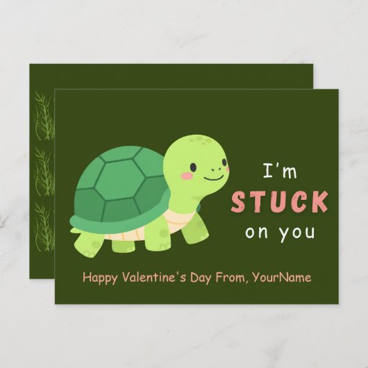 Cute Turtle Valentine Pun Card – I’m Stuck on You Feestdagenkaart (Voorkant / Achterkant)
