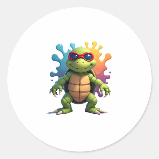 Cute Turtle Wearing Sunglasses Paint Splash Sea An Ronde Sticker (Voorkant)