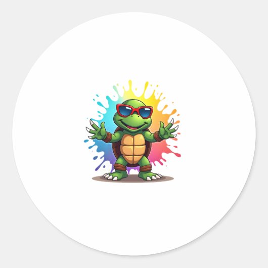 Cute Turtle Wearing Sunglasses Paint Splash Sea An Ronde Sticker (Voorkant)