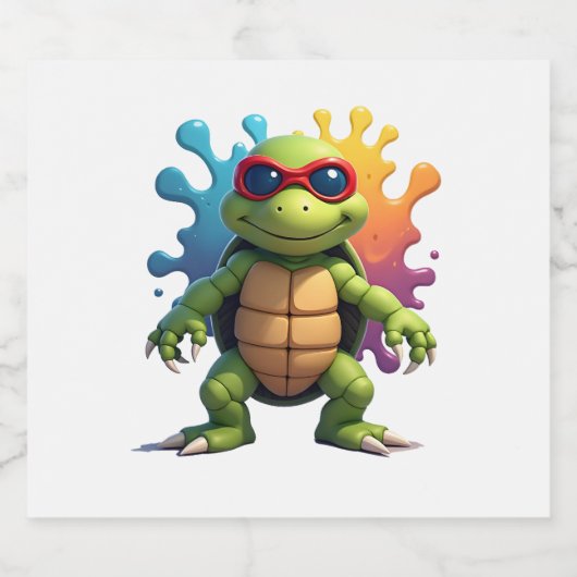 Cute Turtle Wearing Sunglasses Paint Splash Sea An Sparkling Wijnetiket (Enkel label)
