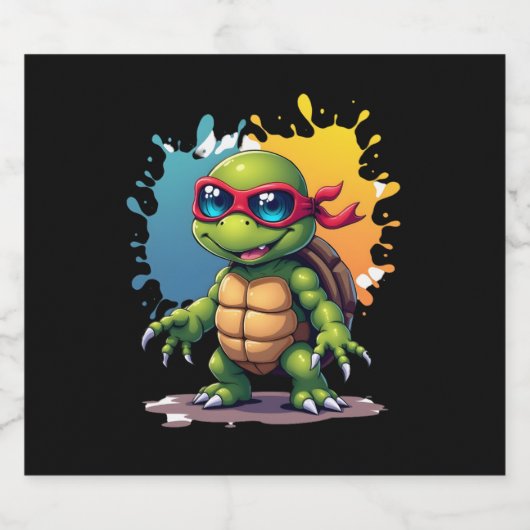 Cute Turtle Wearing Sunglasses Paint Splash Sea An Sparkling Wijnetiket (Enkel label)