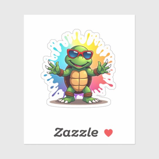 Cute Turtle Wearing Sunglasses Paint Splash Sea An Sticker (Vel)