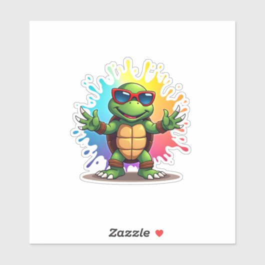 Cute Turtle Wearing Sunglasses Paint Splash Sea An Sticker (Vel)