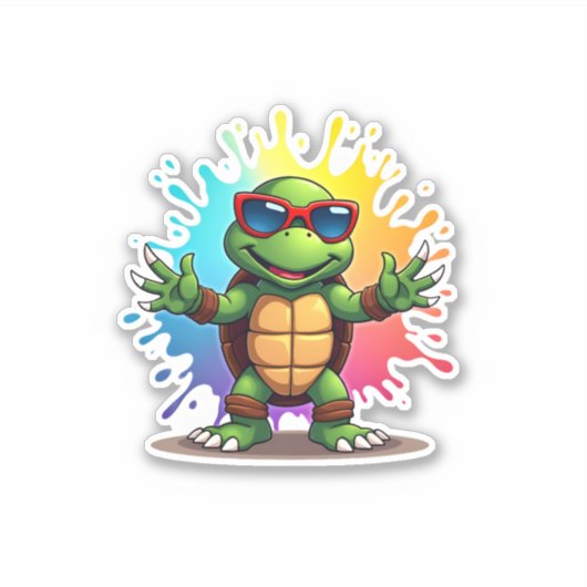 Cute Turtle Wearing Sunglasses Paint Splash Sea An Sticker (Voorkant)