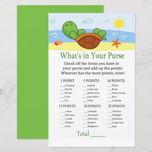 Cute Turtle What's in your purse game baby shower (Voorkant / Achterkant)