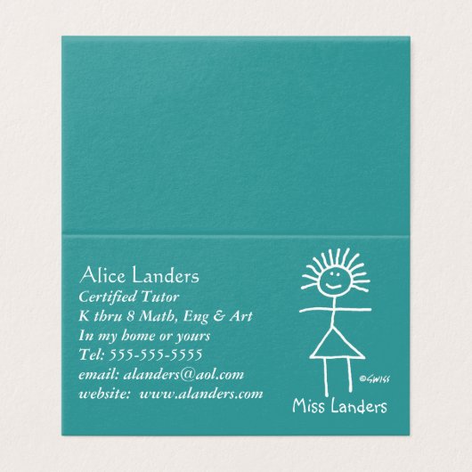 Cute Tutor Teacher Chalk Stick Figuur op groen Visitekaartje (Buitenkant ongevouwen)