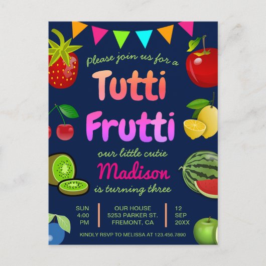 Cute Tutti Frutti Kinderen Birthday Party Uitnodiging Briefkaart (Voorkant)
