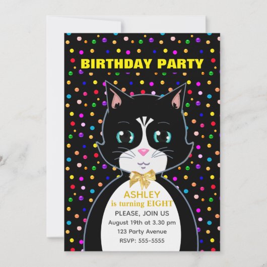 Cute Tuxedo Birthday Cat & Colorful Confetti Kaart (Voorkant)