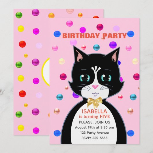 Cute Tuxedo Birthday Cat lichtroze Kaart (Voorkant / Achterkant)