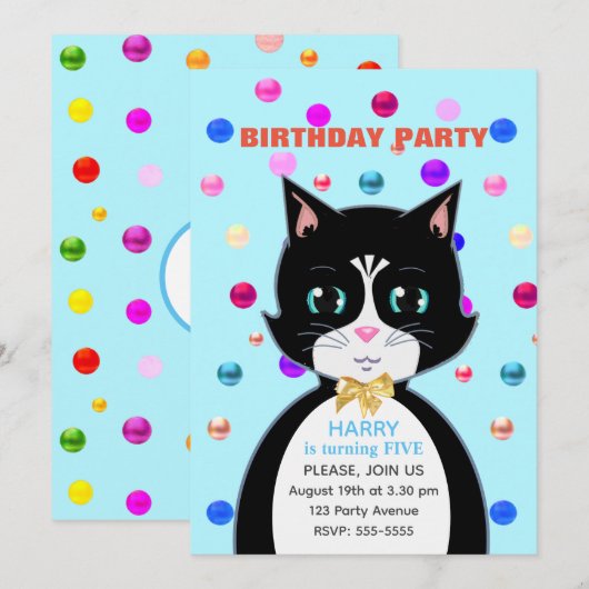 Cute Tuxedo Birthday Cat & Multicolor Confetti Kaart (Voorkant / Achterkant)